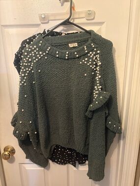 POL Pearl-Embellished Sage Green Crewneck Sweater